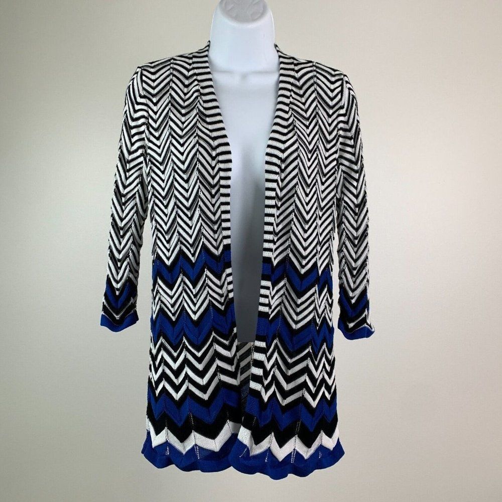 Chico's sz‎ 1 or 8 Open Weave Cardigan Open Front 3/4 Sleeve Blue Black White